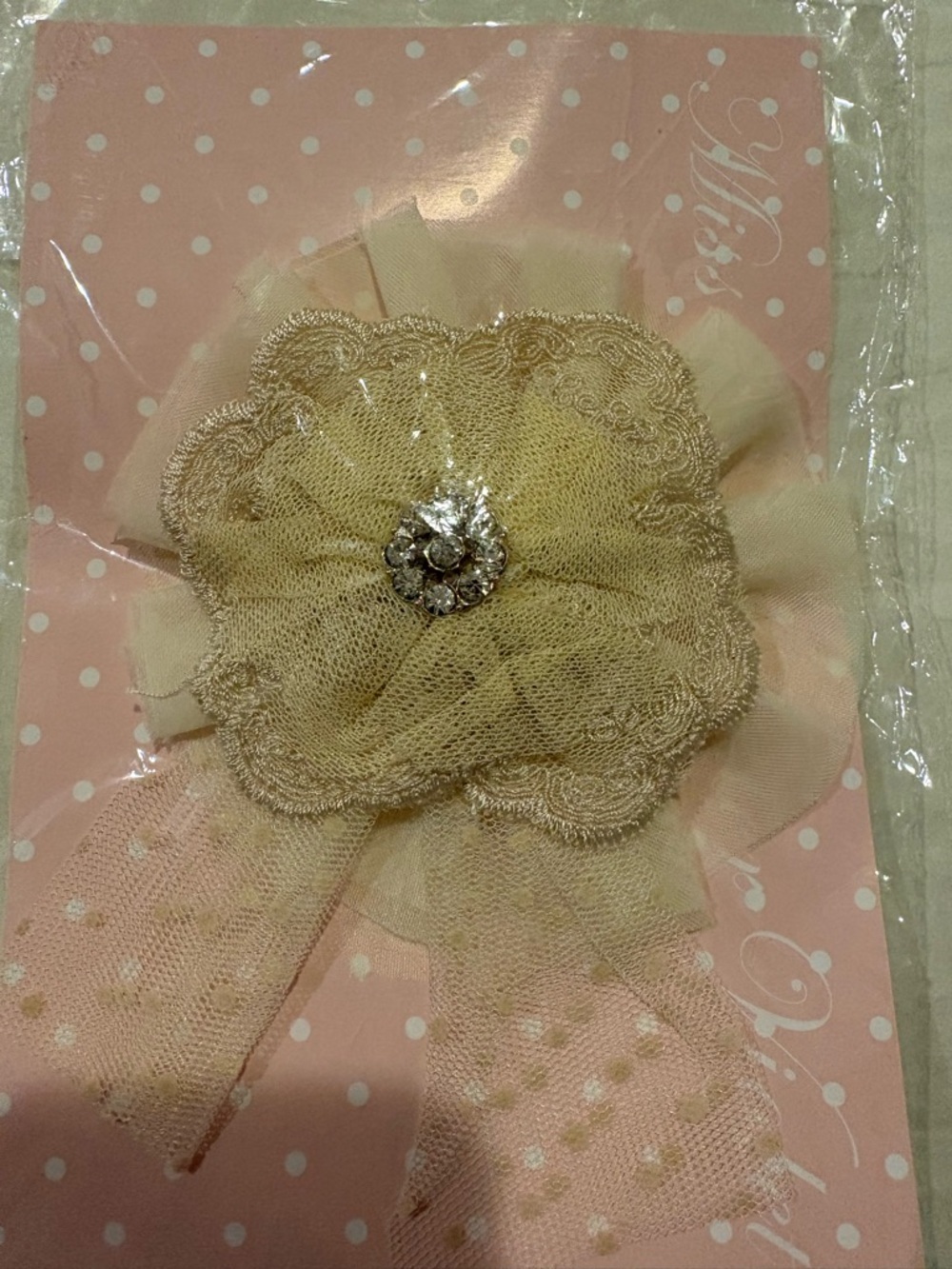 Cream Lace Floral Accent Brooch with Rhinestone Center